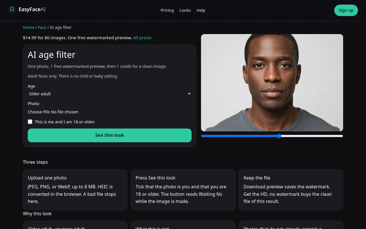 Desktop screenshot of the AI age filter tool, with See this look