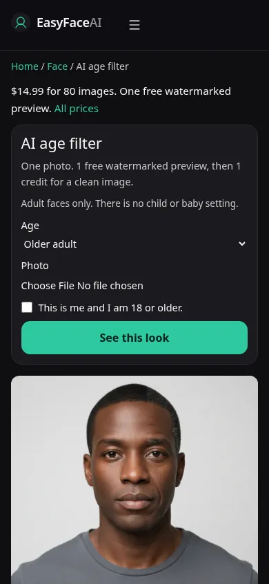 Mobile screenshot of the AI age filter tool, with See this look