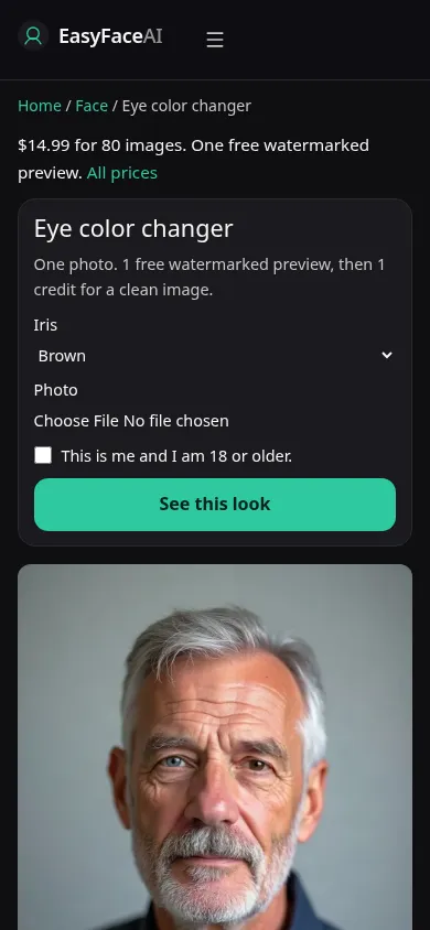 Mobile screenshot of the Eye color changer tool, with See this look
