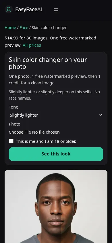 Mobile screenshot of the Skin color changer tool, with See this look
