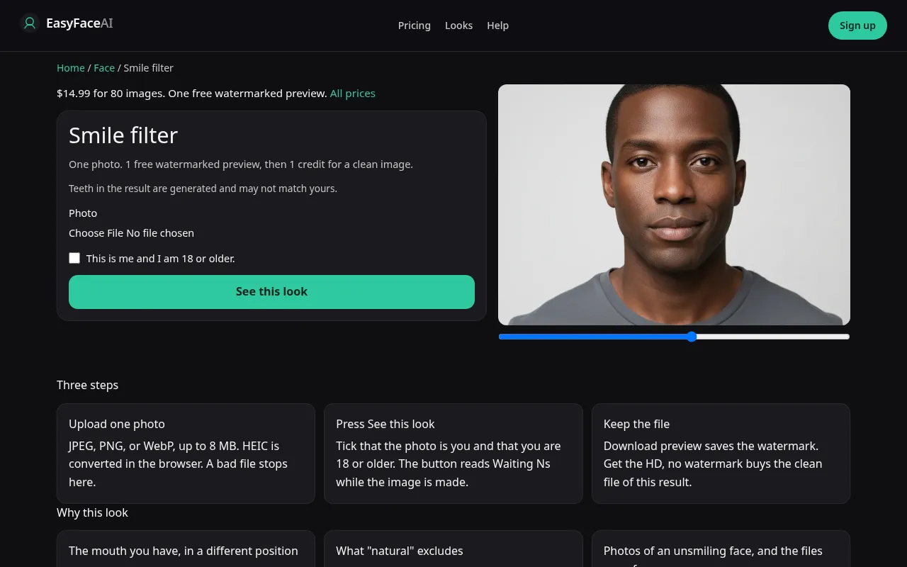 Desktop screenshot of the Smile filter tool, with See this look