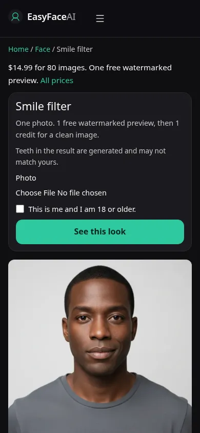 Mobile screenshot of the Smile filter tool, with See this look