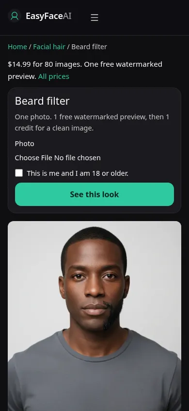 Mobile screenshot of the Beard filter tool, with See this look