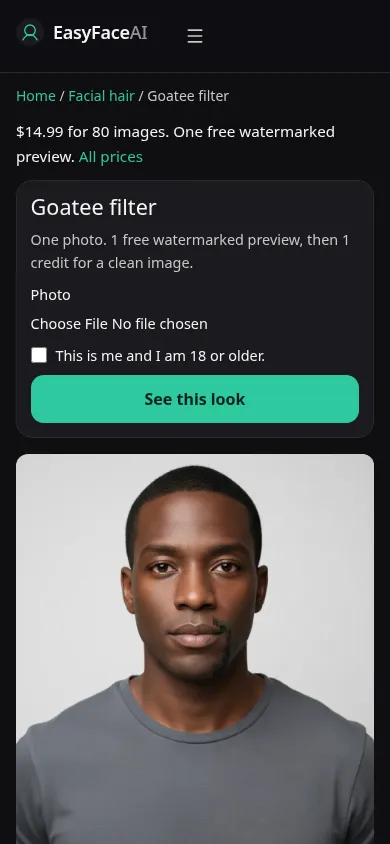 Mobile screenshot of the Goatee filter tool, with See this look