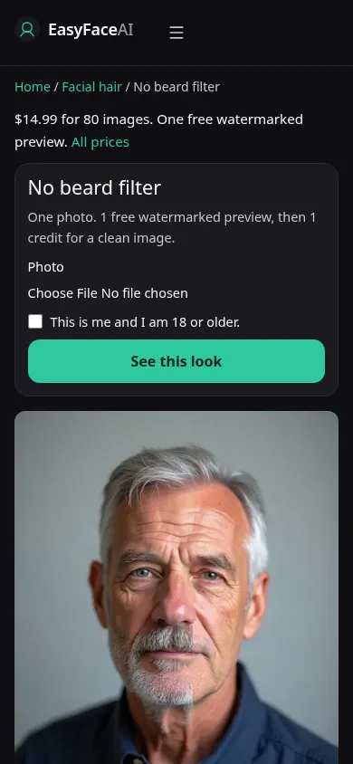 Mobile screenshot of the No beard filter tool, with See this look