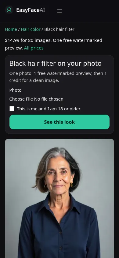 Mobile screenshot of the Black hair filter tool, with See this look