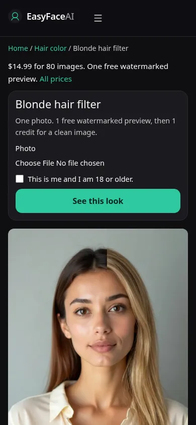 Mobile screenshot of the Blonde hair filter tool, with See this look
