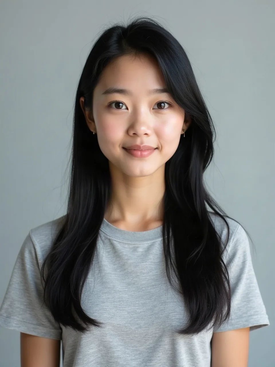 Before: an East Asian woman with long black hair and a gray t-shirt.