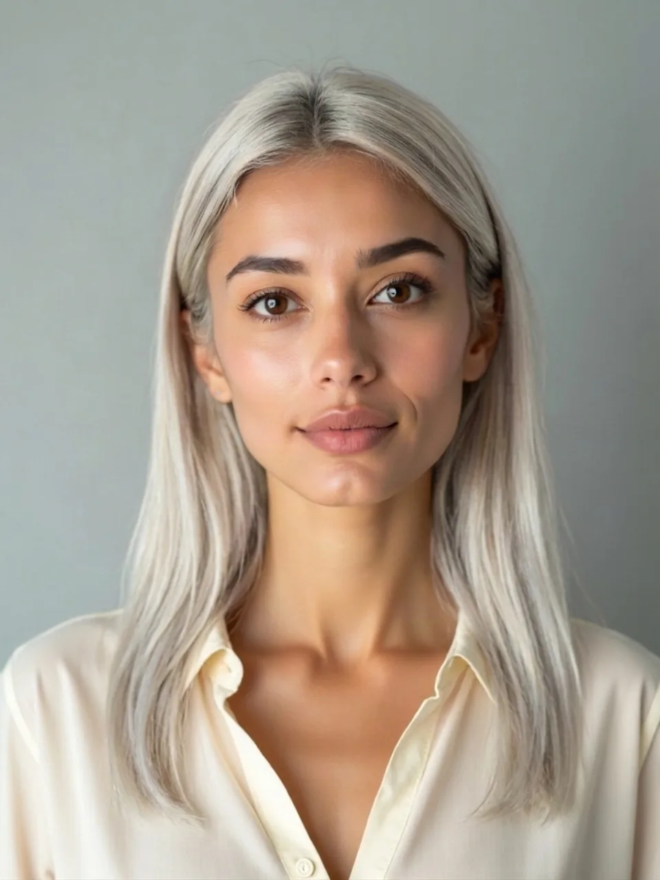 Platinum blonde on the same South Asian woman as the brown sample, length unchanged.