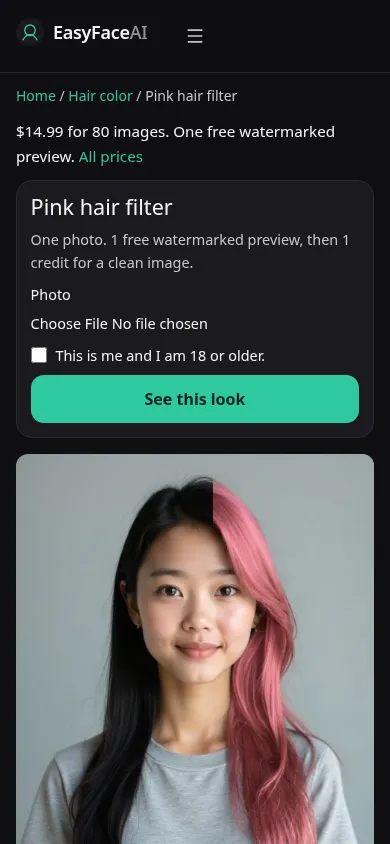 Mobile screenshot of the Pink hair filter tool, with See this look