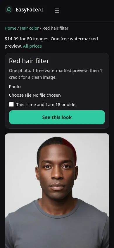 Mobile screenshot of the Red hair filter tool, with See this look