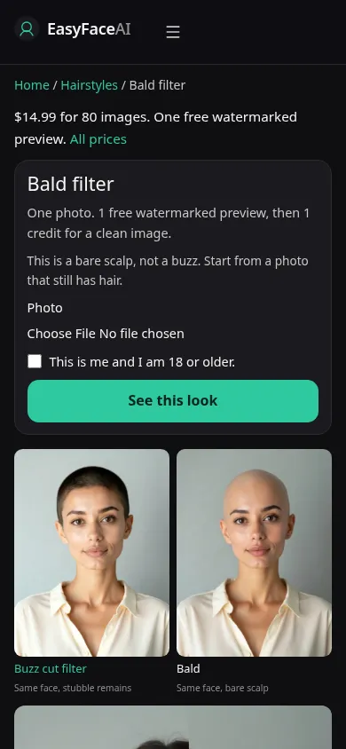 Mobile screenshot of the Bald filter tool, with See this look