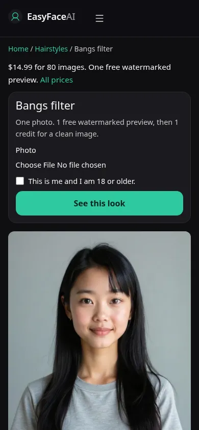 Mobile screenshot of the Bangs filter tool, with See this look
