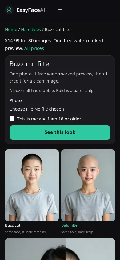Mobile screenshot of the Buzz cut filter tool, with See this look