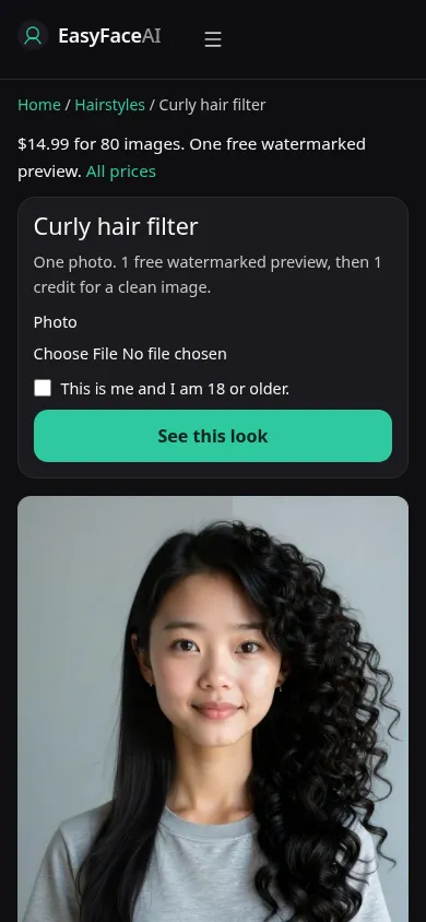 Mobile screenshot of the Curly hair filter tool, with See this look