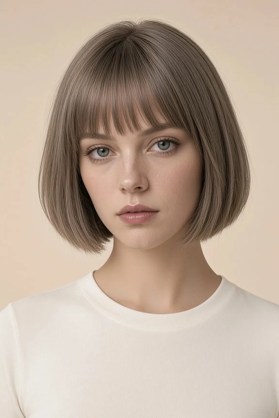 Before: the studio woman with an ash-brown bob and a cream sweater.