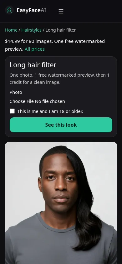 Mobile screenshot of the Long hair filter tool, with See this look