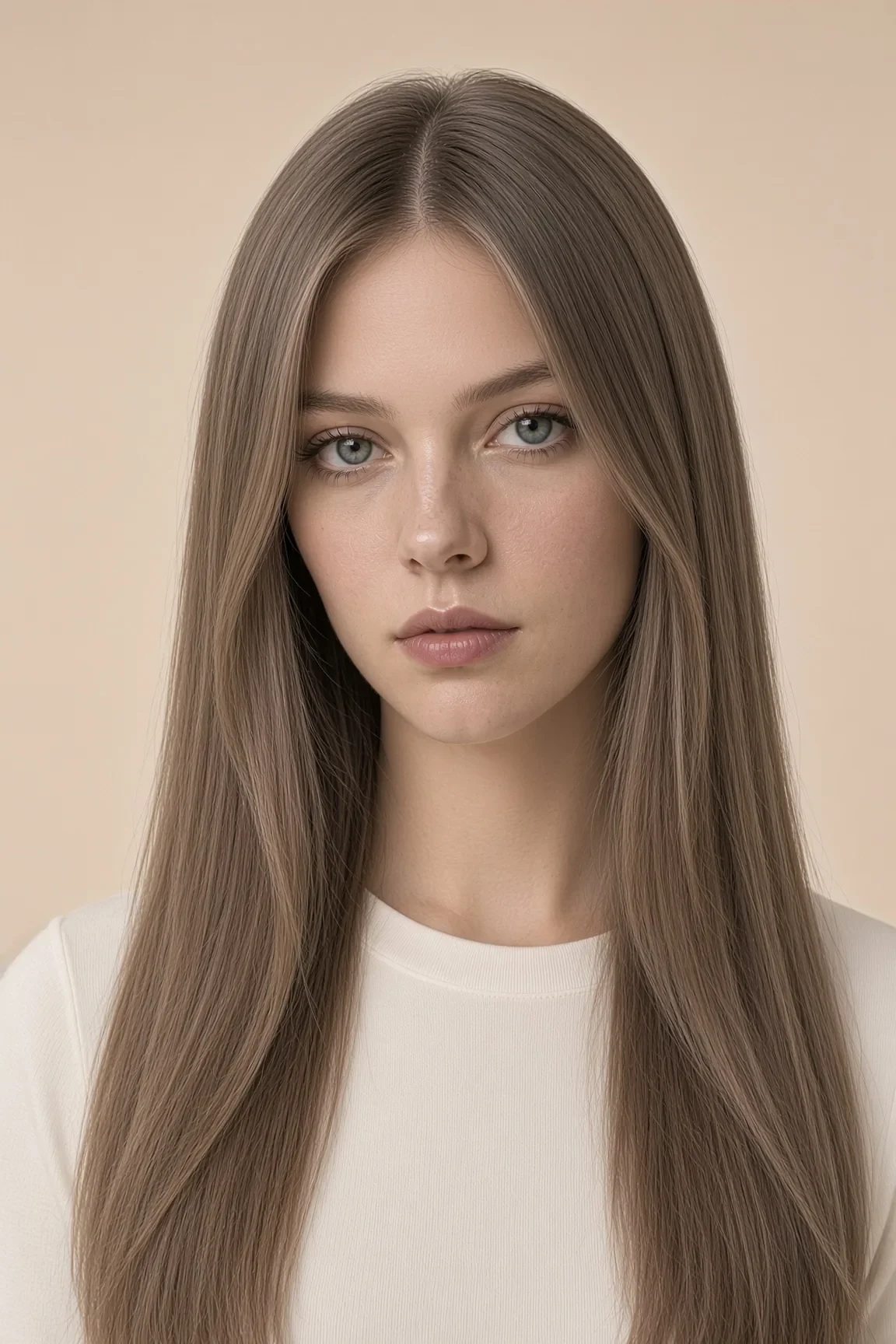 Before: the same woman with long ash-brown hair.