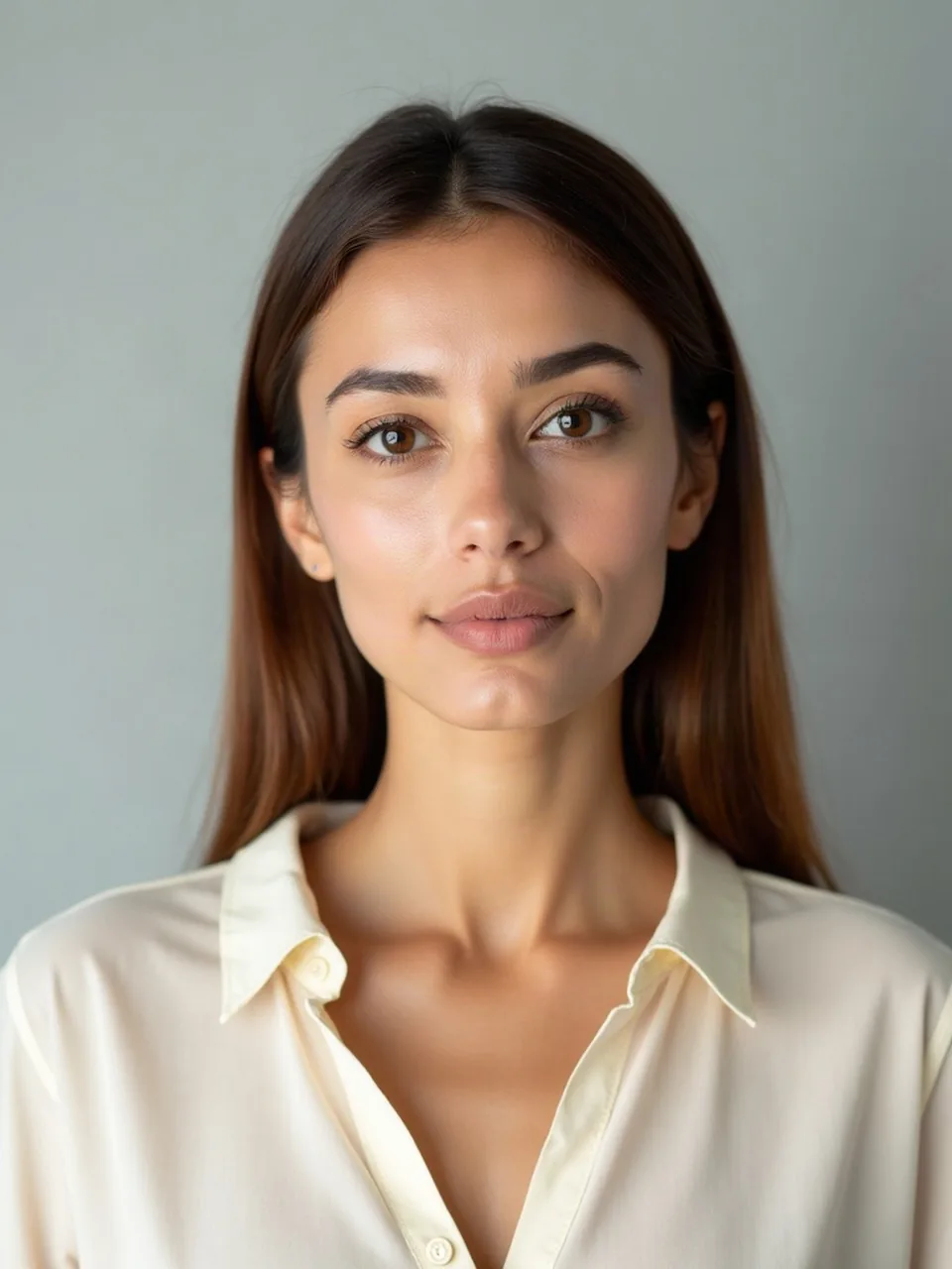 Before: a South Asian woman with shoulder-length honey-brown hair and a cream blouse.