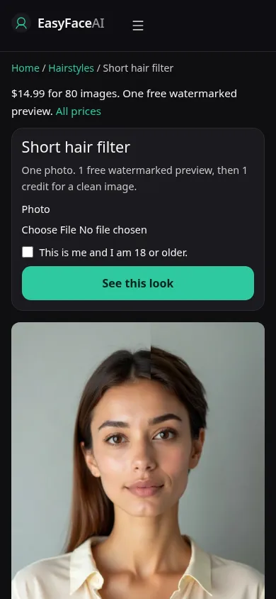 Mobile screenshot of the Short hair filter tool, with See this look