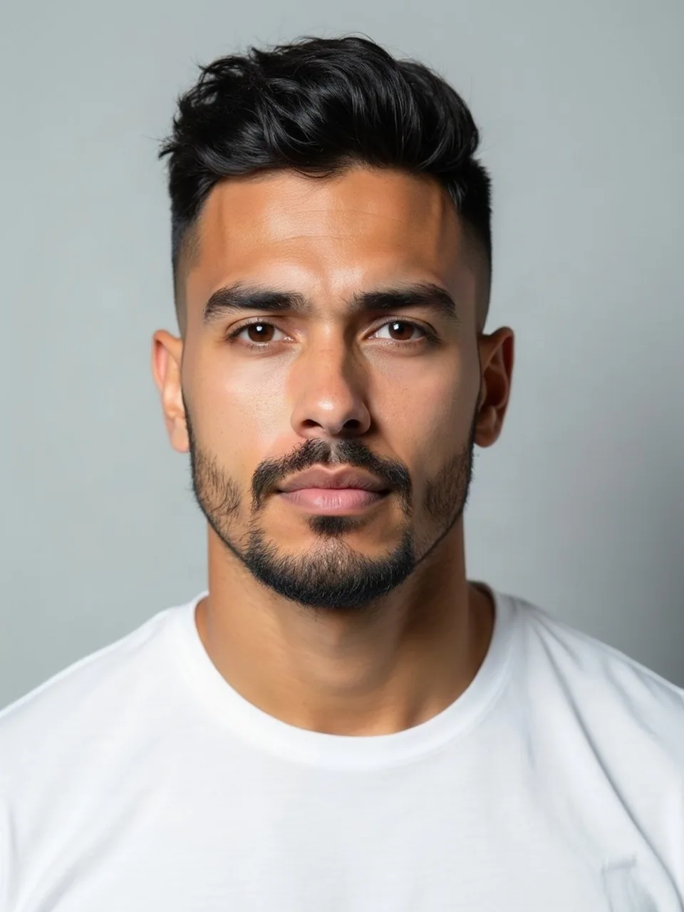 Before: a Latino man in his twenties with a short beard, face still visible.