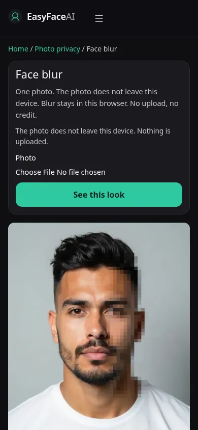 Mobile screenshot of the Face blur tool, with See this look