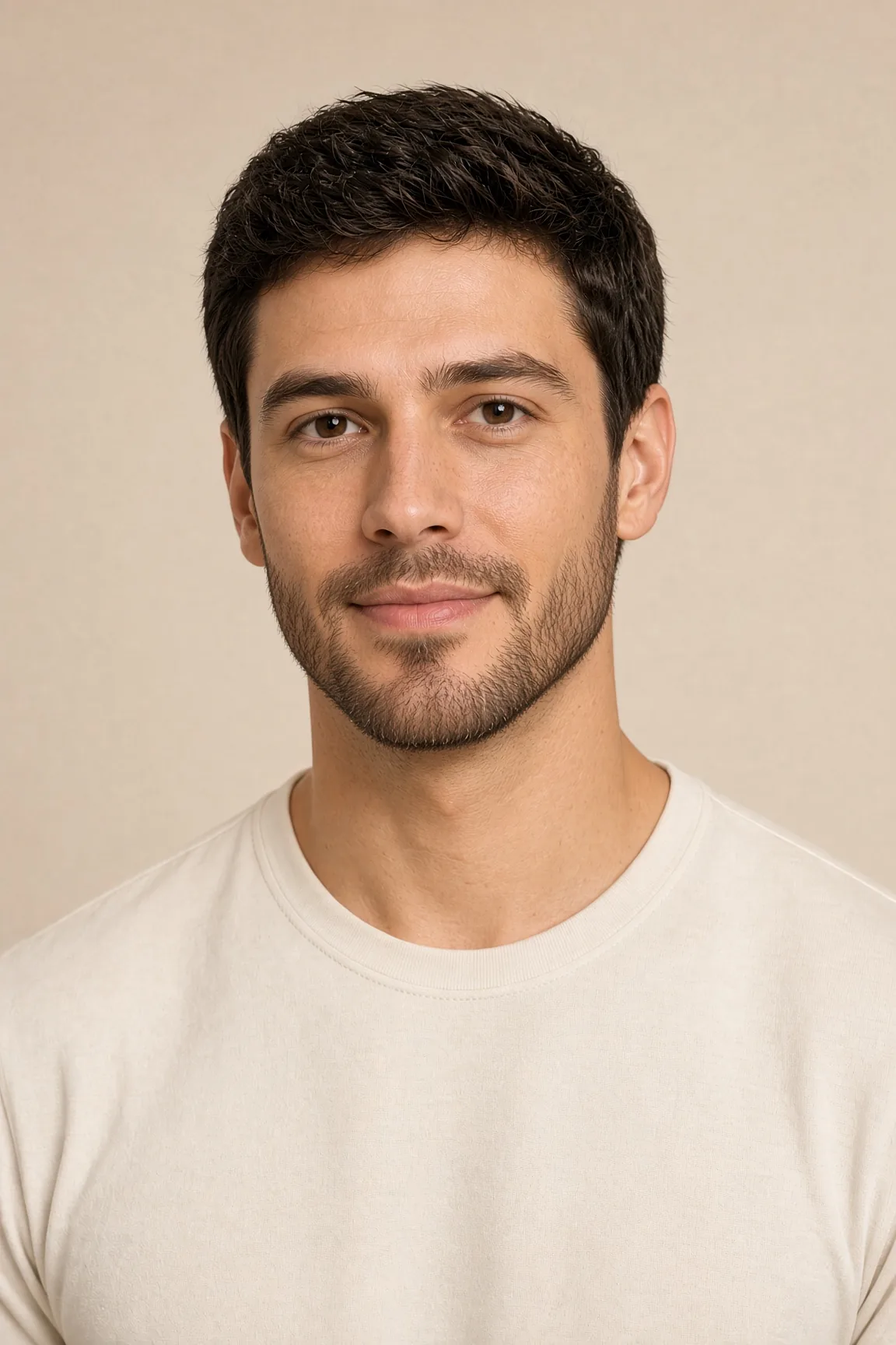 The same man with a short neat beard.