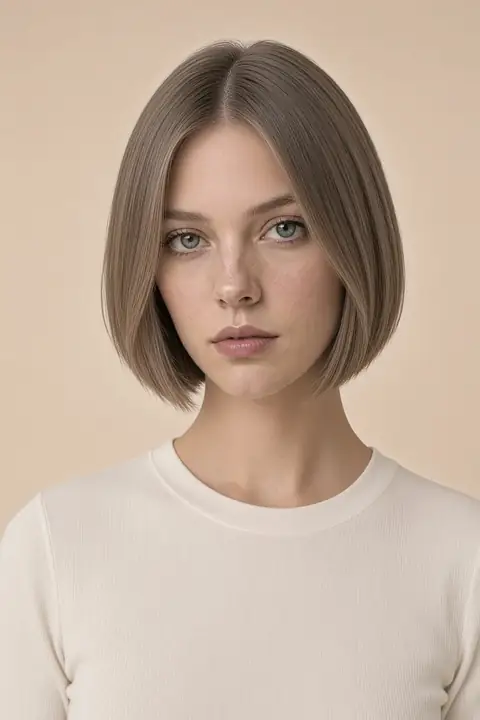 An angled bob, longer toward the chin, no bangs.