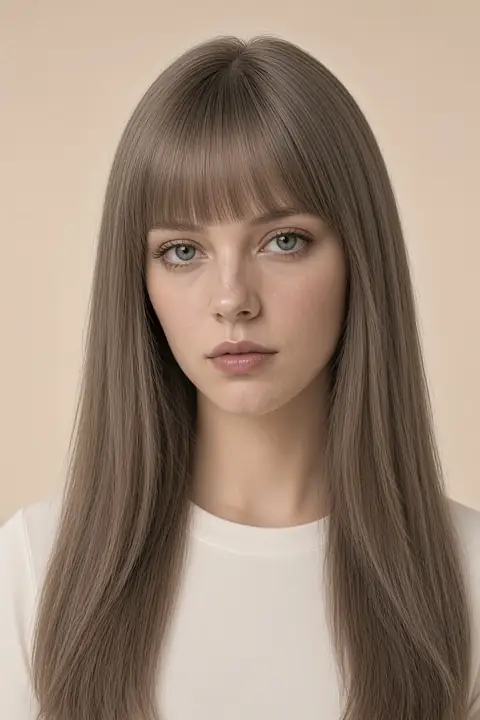 Long ash-brown hair with straight bangs.